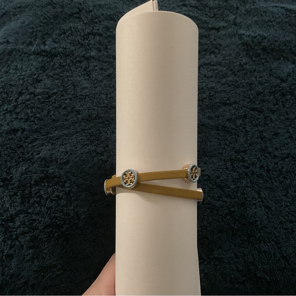 TB Double Wrap Leather Logo Bracelet Two-Tone Mustard&Light Blue W/ Gold Tone HW - Picture 11 of 11